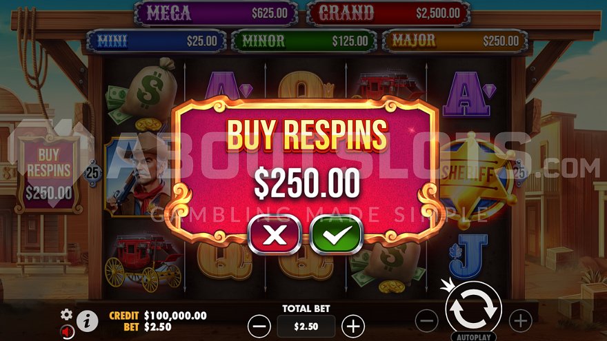 Screen offering to buy the Money Respin feature for 100x bet