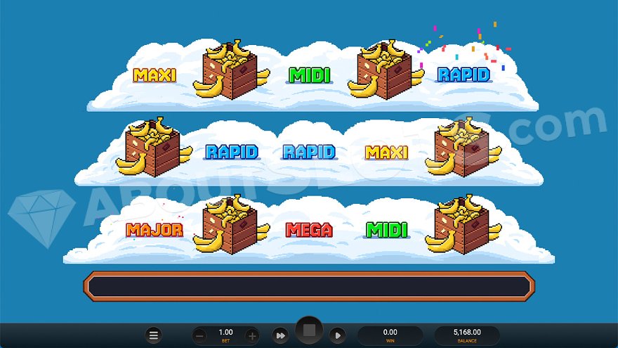 Dream Drop Bonus game in Banana Town Dream Drop showing six banana boxes and jackpot symbols.