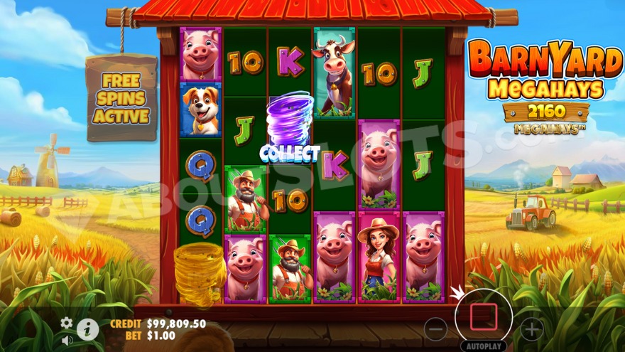 Free Spins activation with a collect symbol on the third reel in Barnyard Megahays Megaways.