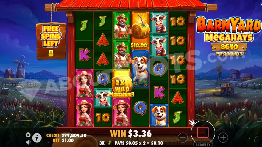 Free Spins feature with a 2X wild multiplier on the third reel in Barnyard Megahays Megaways.
