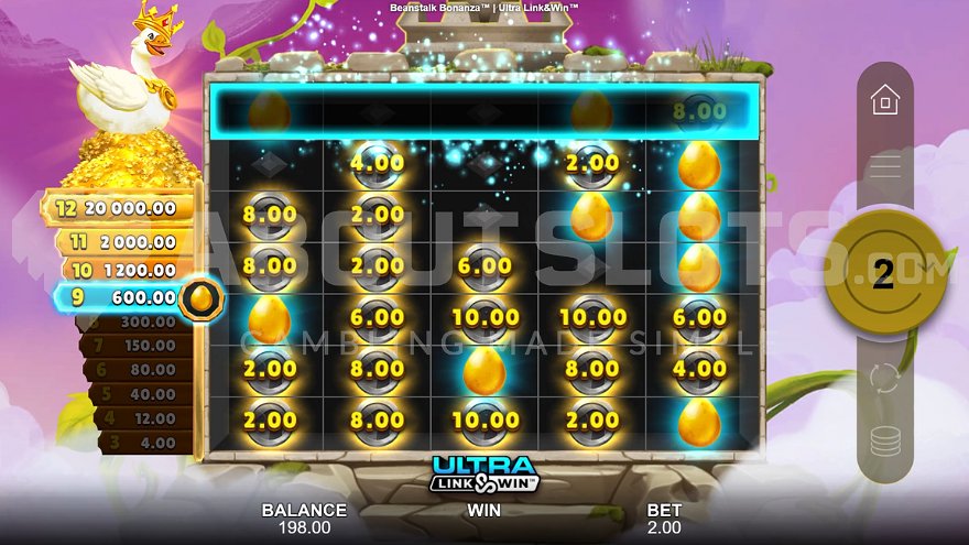 Money symbols and golden eggs on the reels in the Ultra Link & Win feature.