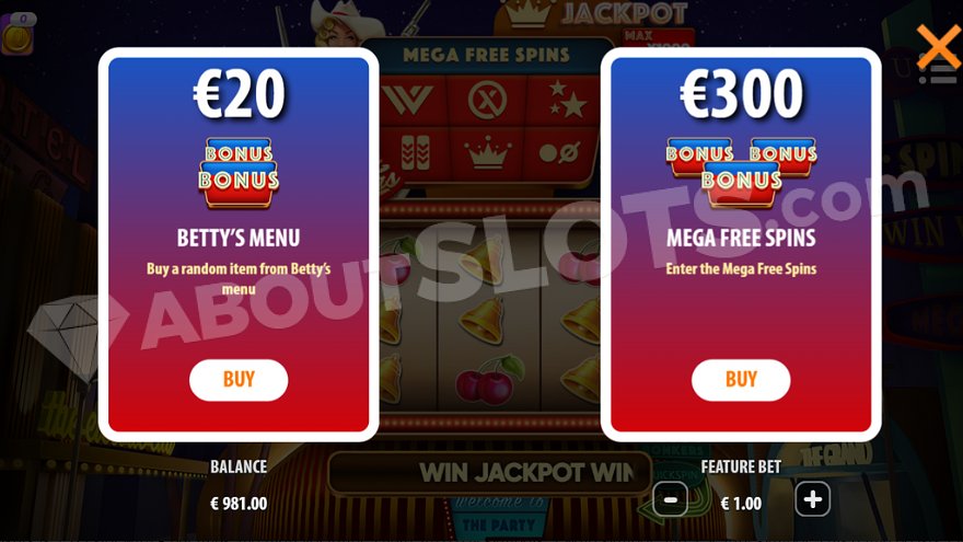 Two buttons show that you can buy Betty's menu for 20X the bet or mega free spins for 300X the bet.