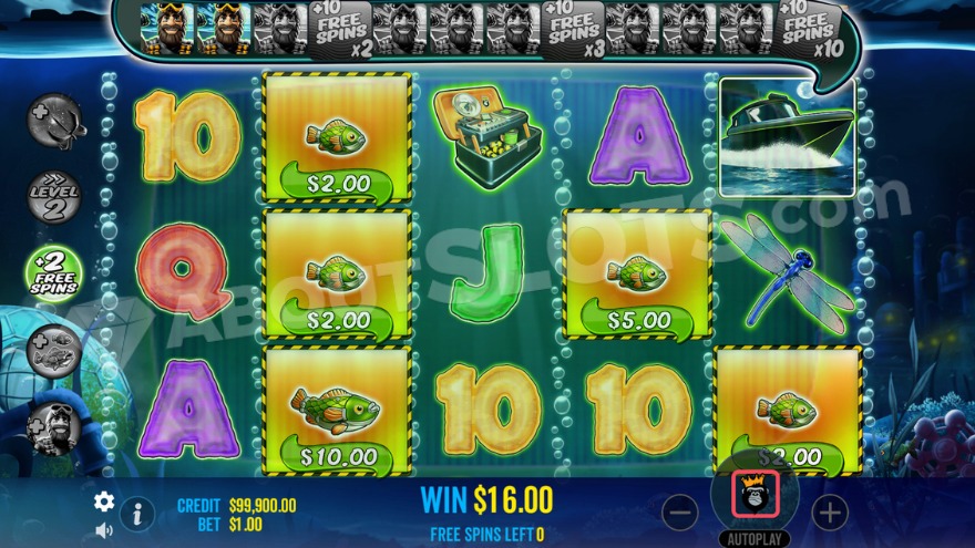 Free Spins Bonus Game with two collected fisherman symbols above reels.