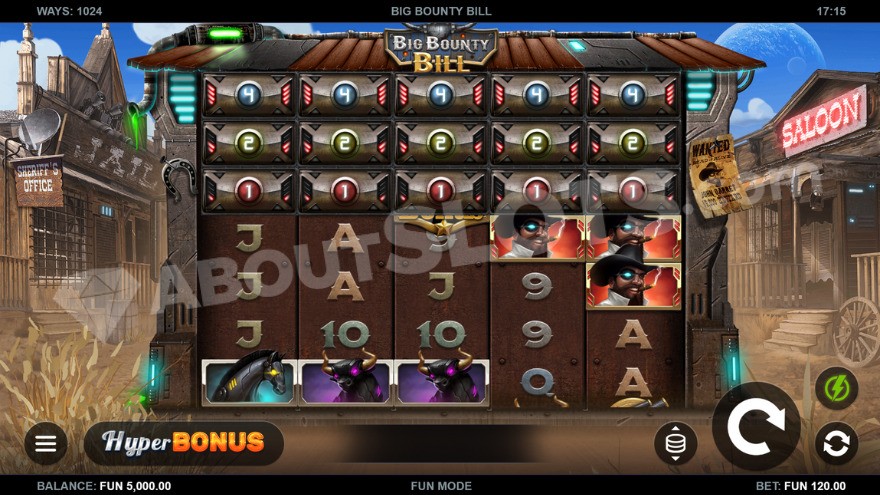 Gameplay in Big Bounty Bill slot with a Wild West town background.