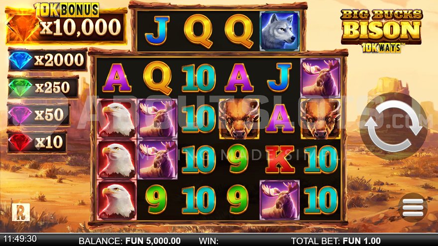 Gameplay in nature with animal symbols in Big Bucks Bison 10K Ways slot.