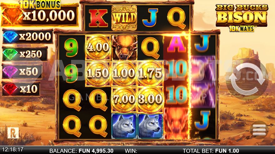 Six coins on reels 2, 3, and 4 activate the bonus game in Big Bucks Bison 10K Ways slot.