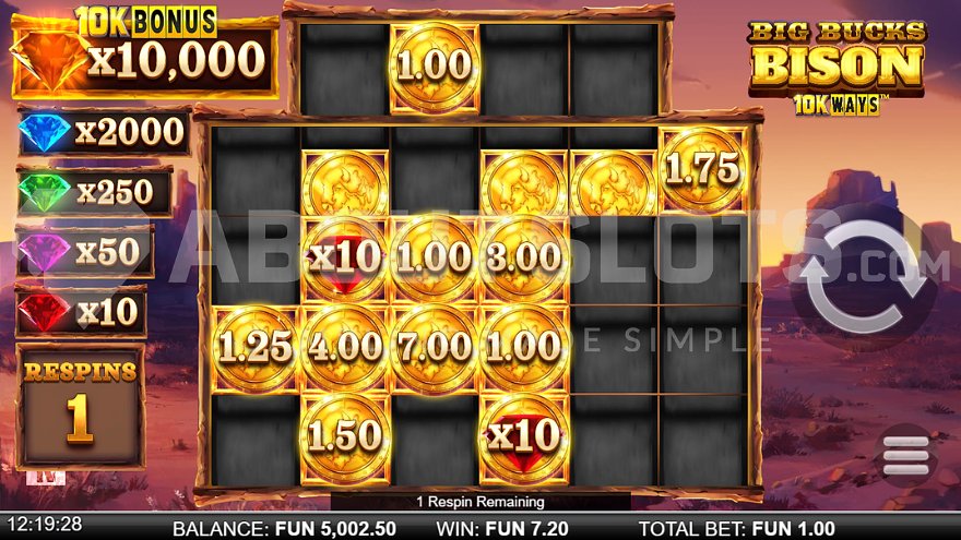 Golden coins on all reels in the bonus game of Big Bucks Bison 10K Ways slot.