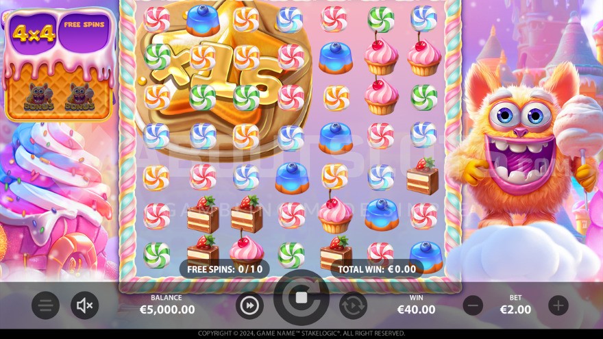 Bonus game with free spins and a fluffy monster on the right.