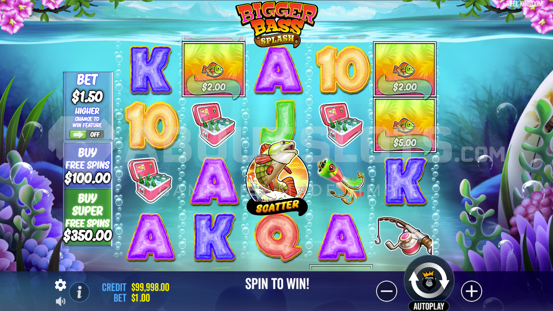 Base game view on a 5x4 grid with a combination of regular and special symbols against an underwater landscape.