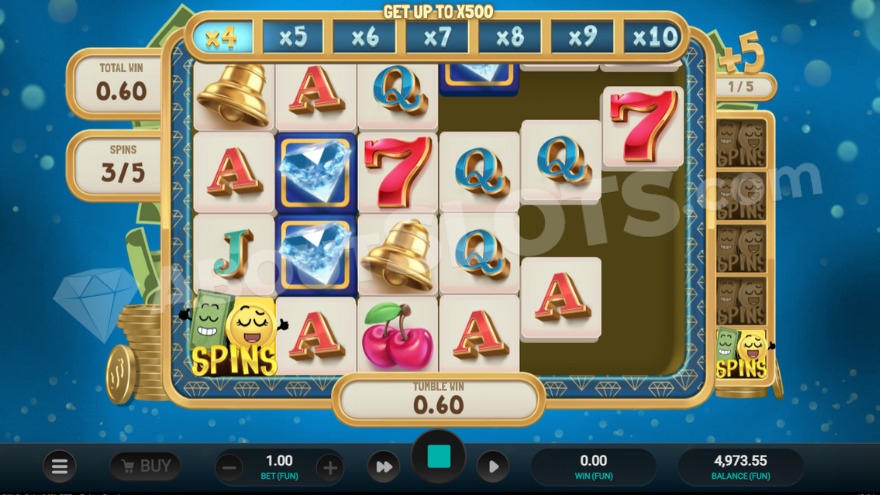 Multiplier Ladder bonus game, displaying the current multiplier above the reels.