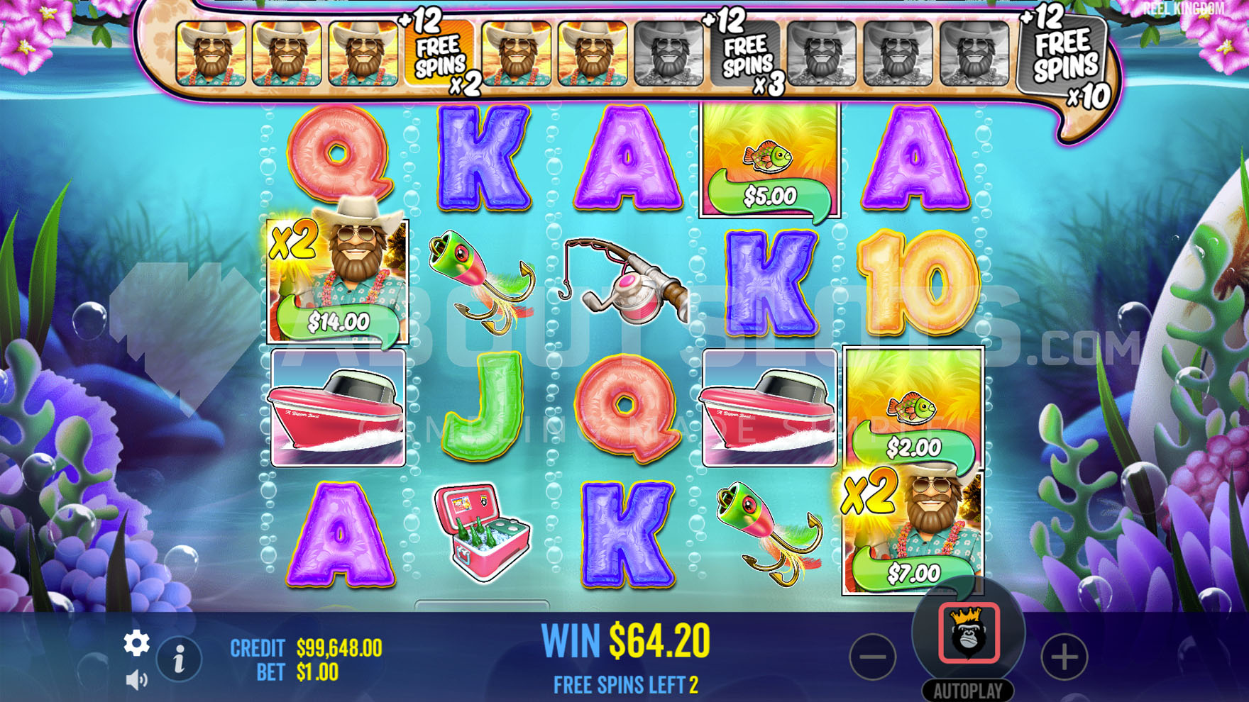 Super Free Spins Bonus in progress with numerous accumulated symbols and two Fisherman Wild symbols on the game grid.
