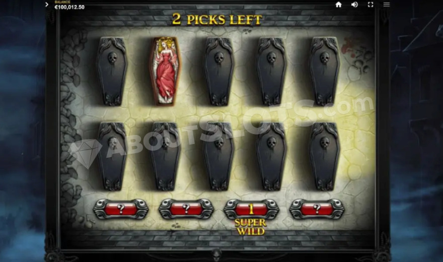 Ten black coffins in a row, one open revealing a blonde woman in a red dress.