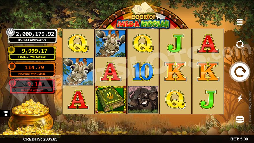 Reels featuring animal and royal symbols in Book of Mega Moolah slot.