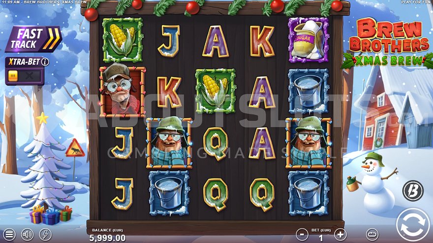 Gameplay of Brew Brothers Xmas Brew slot in a snowy winter setting.