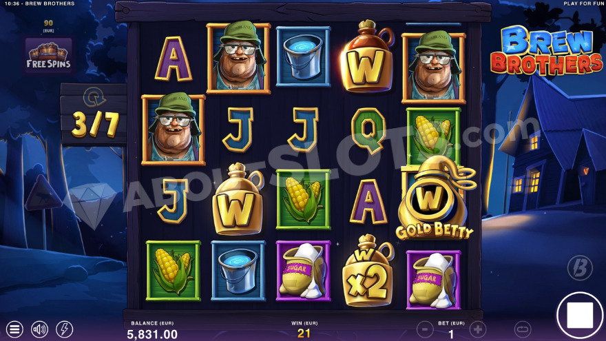 Free spins bonus game with a Gold Betty symbol on the fifth reel.