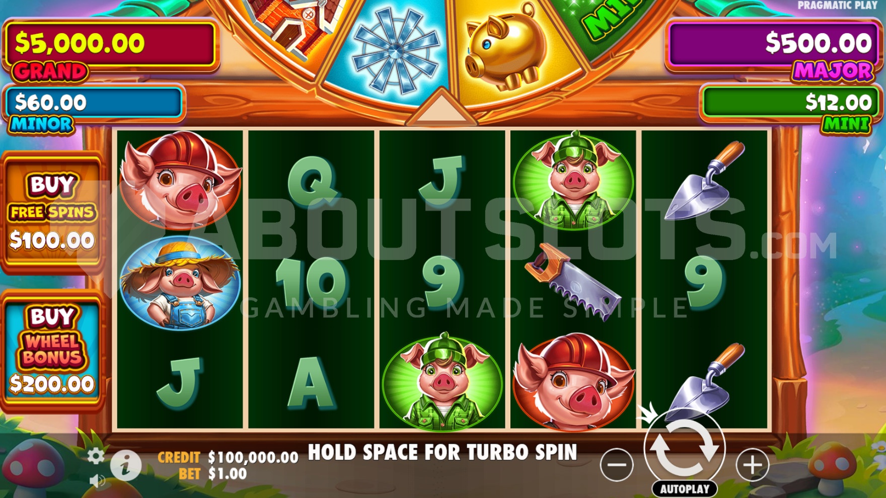Game field with various jackpot signs, feature buy and random bonus wheel around the reels