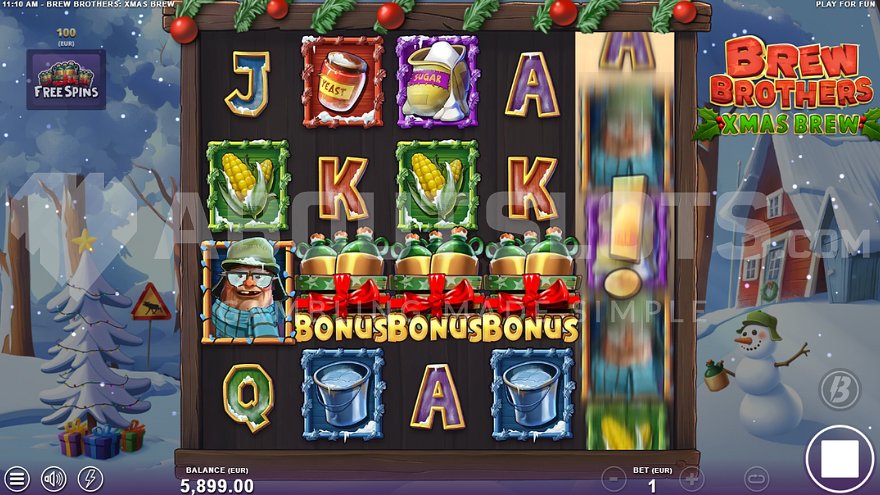Bonus symbols on reels 2, 3, and 4 trigger the Free Spins mode in Brew Brothers Xmas Brew slot.