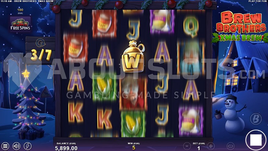Sticky wild symbol on the 3rd reel during free spins in Brew Brothers Xmas Brew slot.