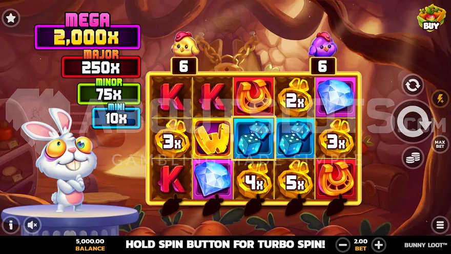 Bunny Loot slot game interface showing a white rabbit next to the reels.