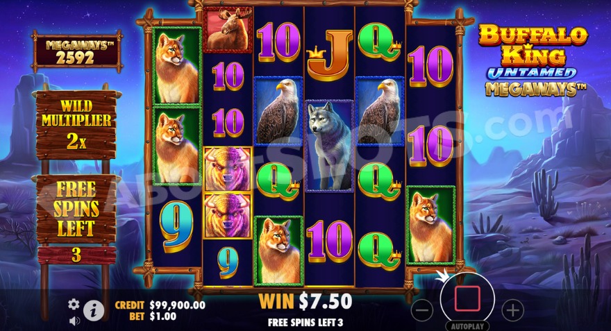 Bonus game with free spins and a 2X Wild multiplier shown on the left.