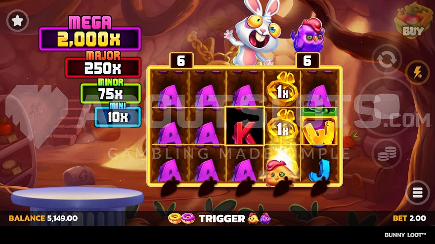 Bert bird dropping coins on the fourth reel in Bunny Loot.
