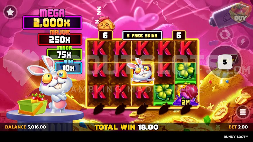 Elma bird in the bottom right corner during Elma Free Spins in Bunny Loot.