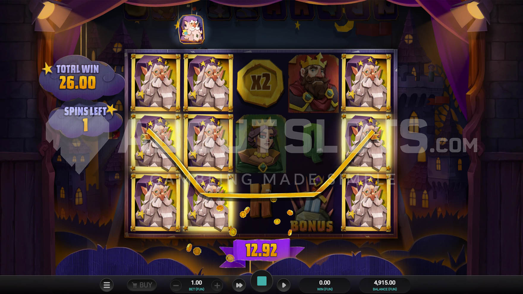 Free Spins bonus round in progress with the wizard symbol selected as the expanding symbol, awarding a win across 3 of the 5 reels.