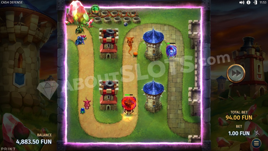 Grand TD Bonus Game with four defense towers.