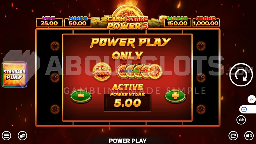 Screen offering the Power Play feature for a 5x stake.