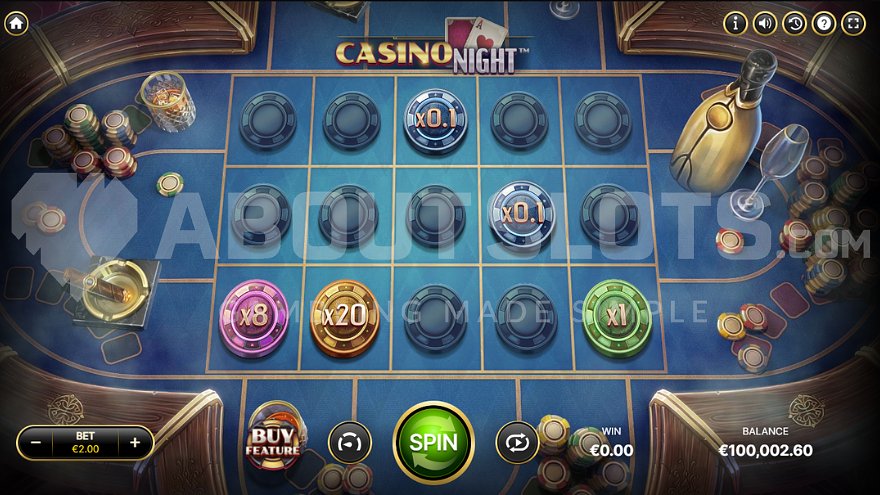 Casino slot with 5 reels on a blue game table.