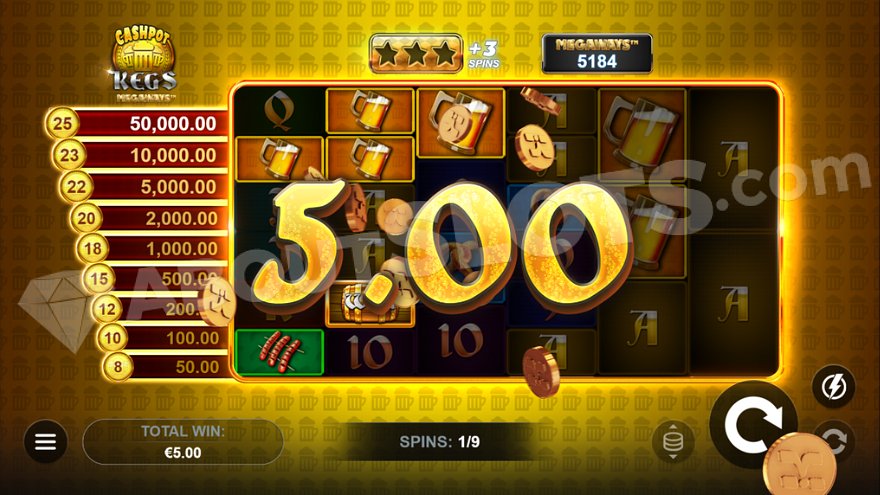 Win of €5 in free spins mode.