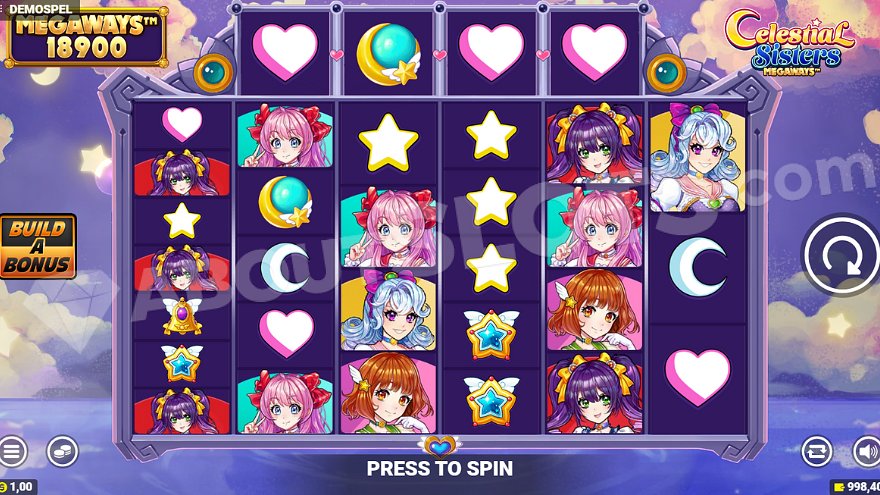 Megaways game grid set in a celestial backdrop.