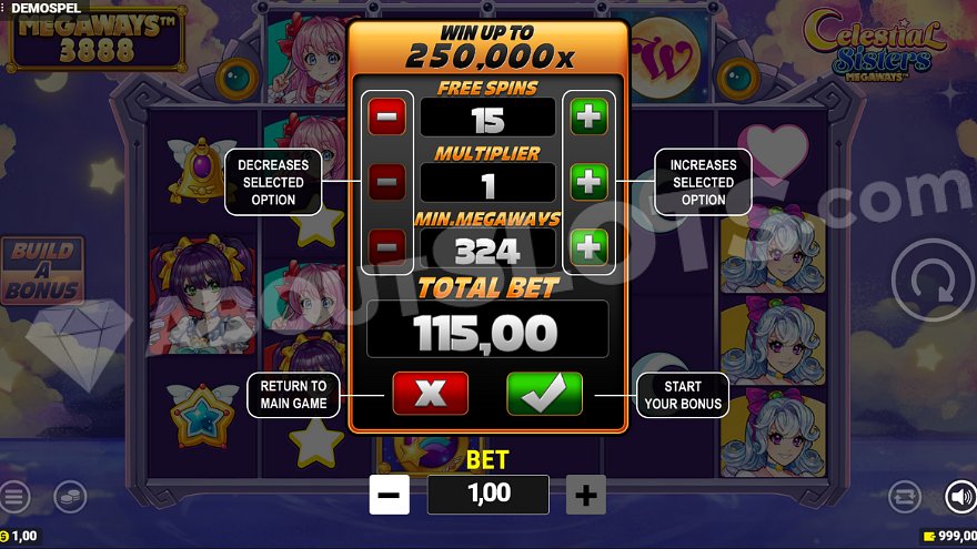 Free spins menu allowing players to choose number of spins, starting multiplier, and minimum ways to win.