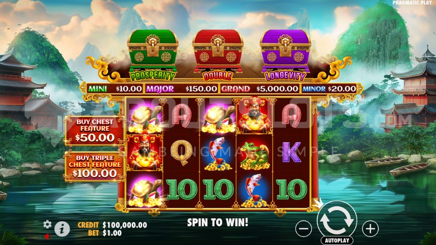 Base game with 3 different chests containing bonuses at the top of the game field