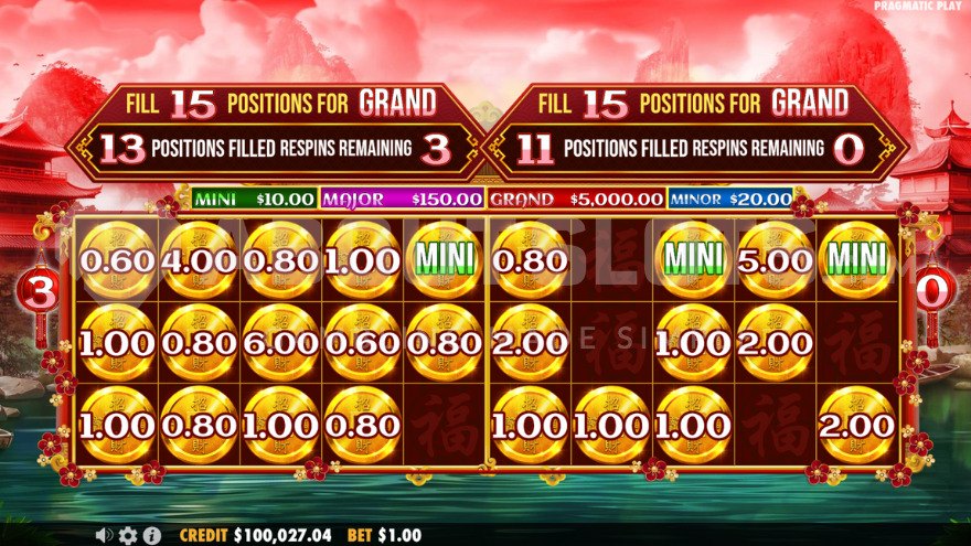 Chest Respins feature with 2 active game grids containing money value symbols