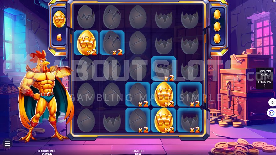 Eggvenger's Assemble Bonus game in Chicken Man slot with Wild symbols on reels 1 and 4.