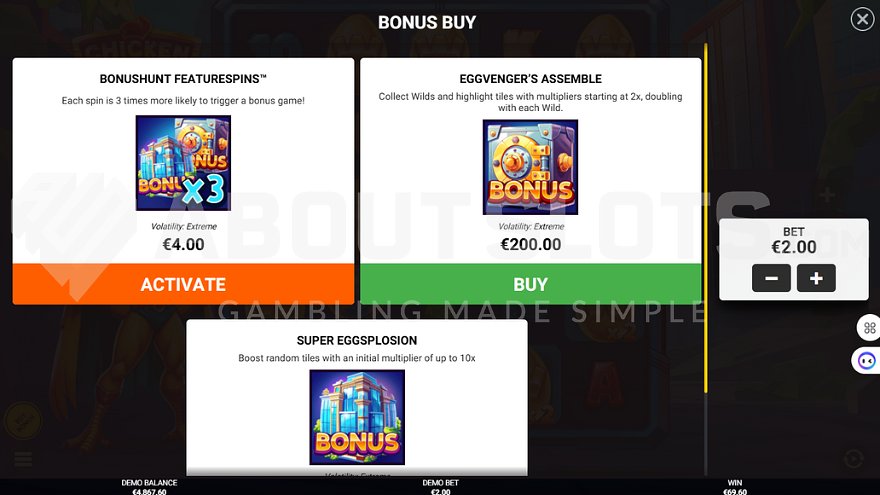 Feature Buy menu in Chicken Man slot offering Eggvenger's Assemble and Super Eggsplosion bonus buys.