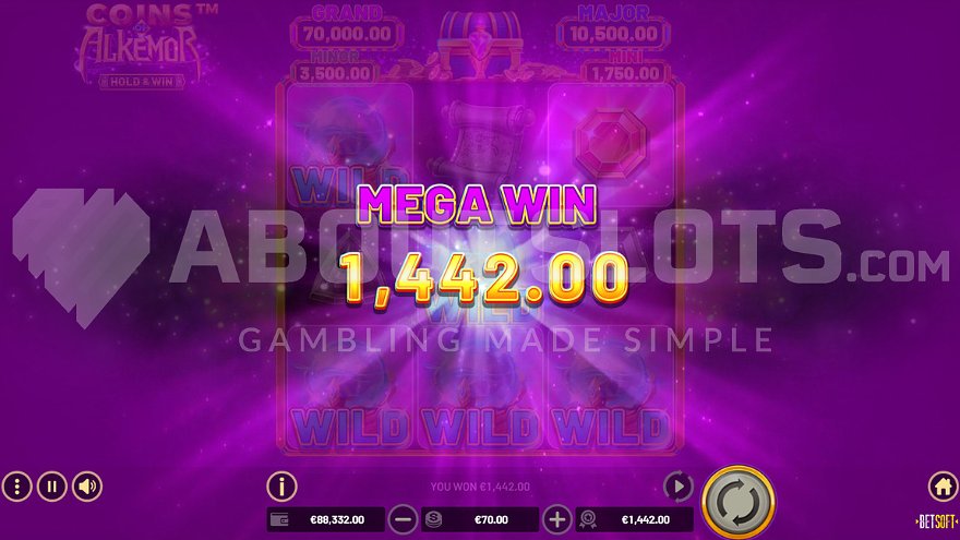 Screenshot with a Mega Win of 1442.00