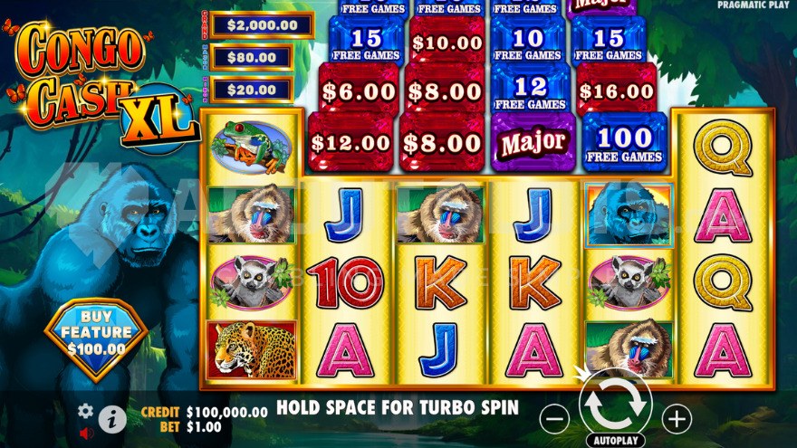 Base game featuring a large gorilla to the left of the reels.