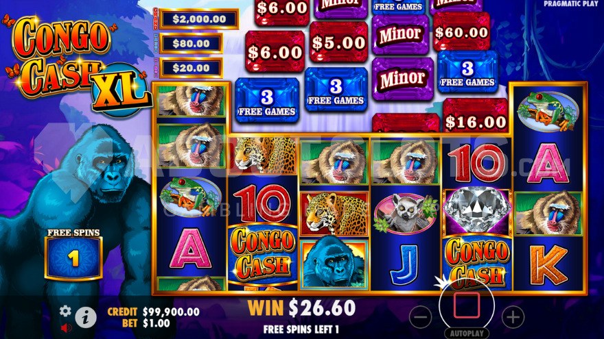 Bonus game with free spins, 1 free spin remaining.