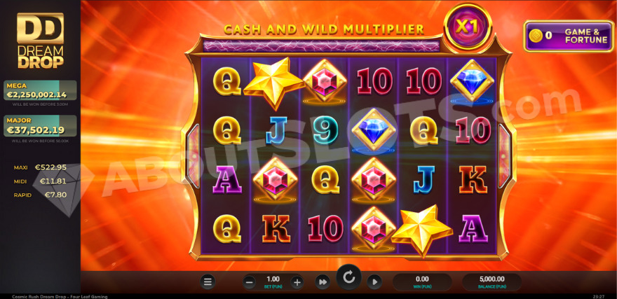 Cosmic Rush Dream Drop base game with Dream Drop jackpot values on the left.