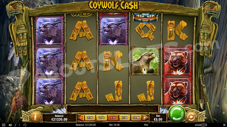 Five reels displaying animal and card symbols.