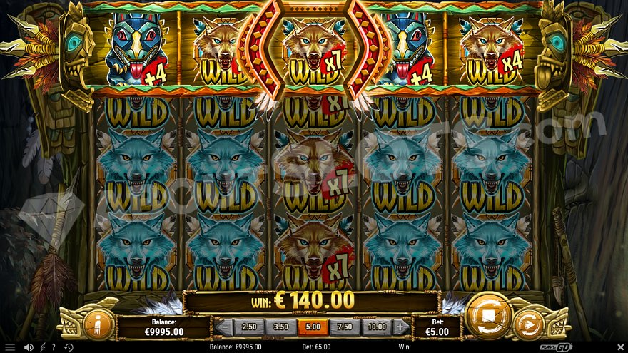 Wild reel displaying wolves and totem symbols above regular reels.