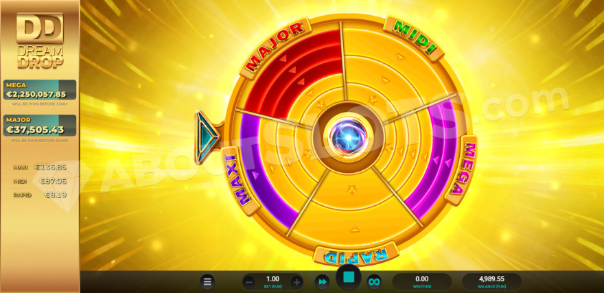 Cosmic Rush Dream Drop jackpot feature with a golden wheel showing Rapid, Midi, Mega, Major, and Maxi jackpots.