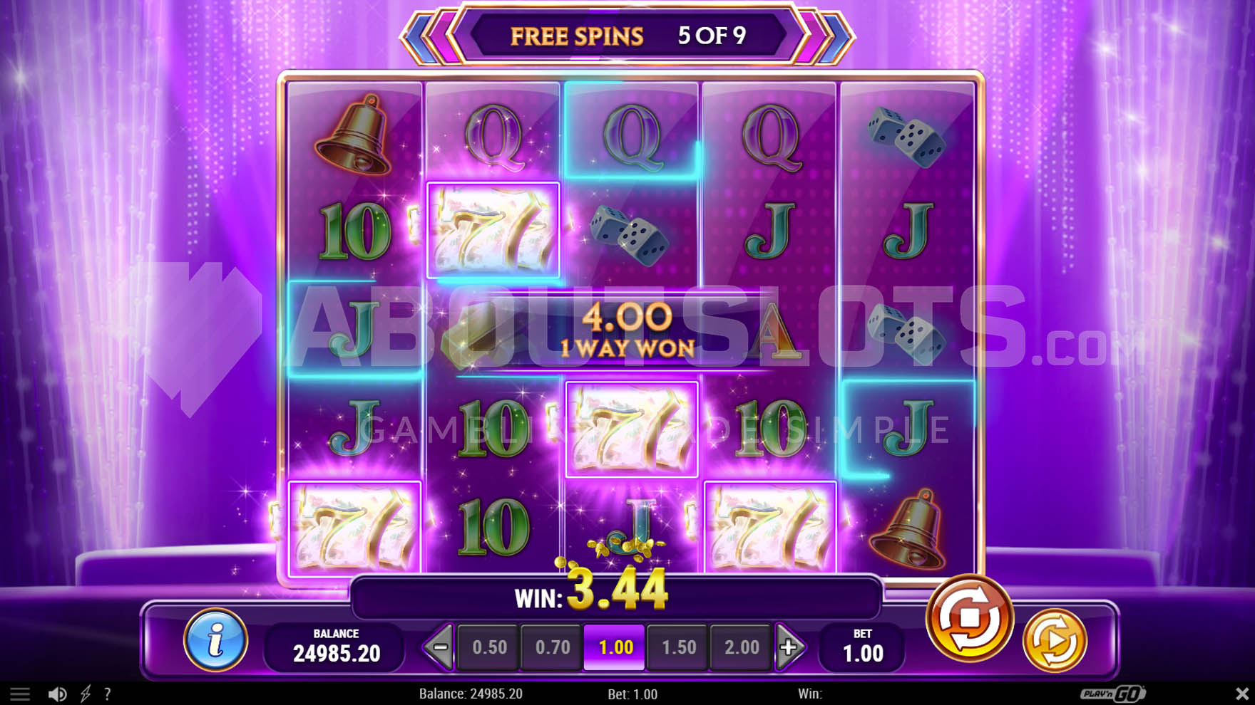 Free Spins in progress, showing a win on the top enhanced symbol and several highlighted positions.