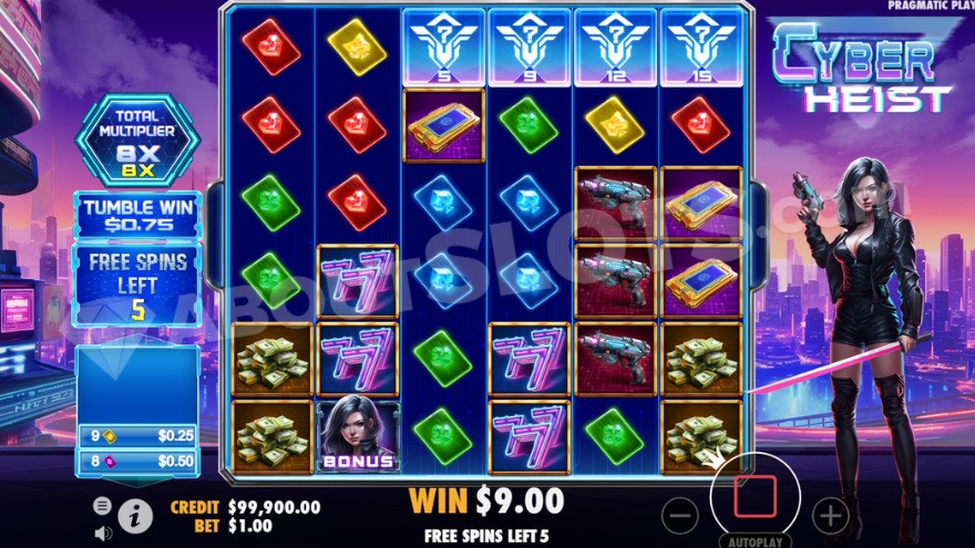 Bonus game with free spins, showing a total multiplier of 8X.