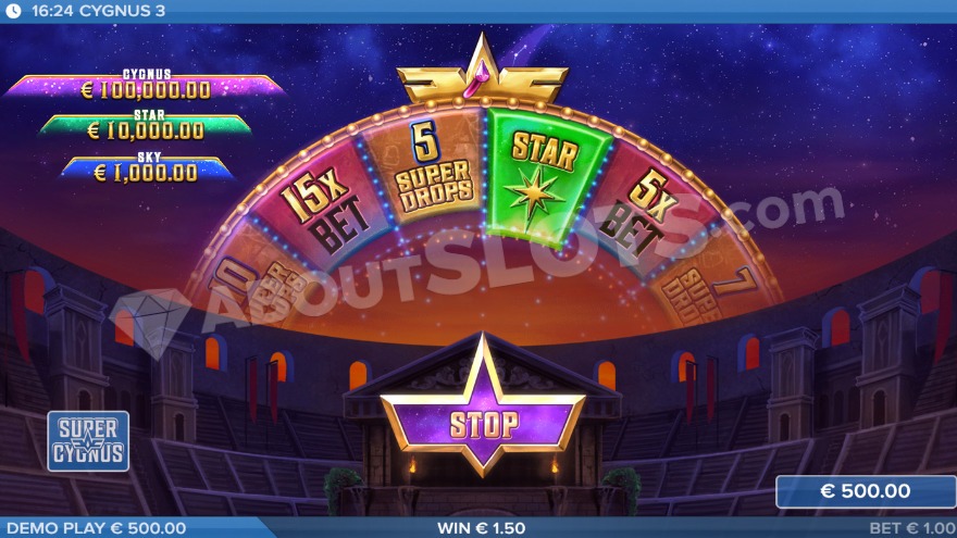 Cygnus Wheel offering instant prizes, jackpots, or free drops.