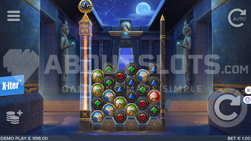 Cygnus 5 slot game interface depicting an Egyptian palace interior with a night sky view.