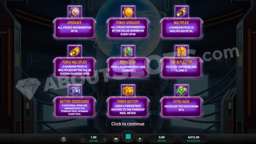 Introduction to the bonus game, showing various special symbols.