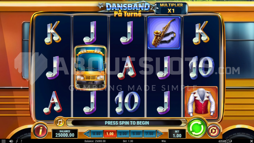 Base game with current win multiplier 1X located above the reels.